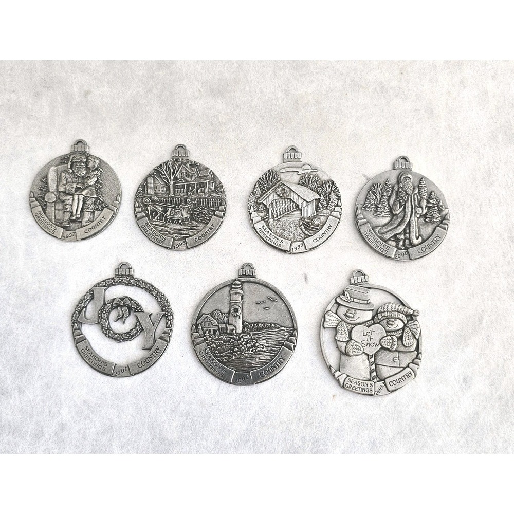 Vintage Season's Greetings 1997 - 2003 Country Round Pewter Christmas Ornaments